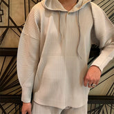 Miyake Pleated Men Top Coat Loose One Buttoned Drawstring Pullover Casual Hooded Pullover Sweatshirt Men